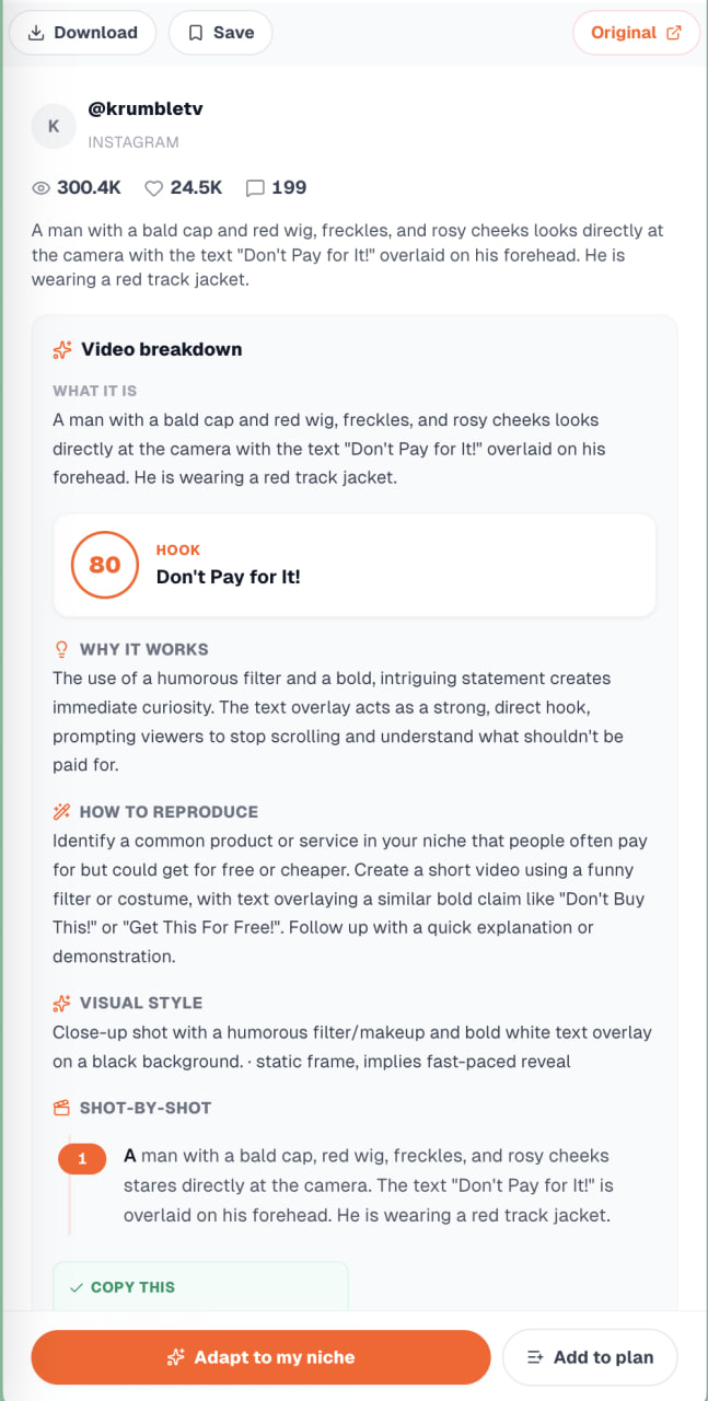 SFOM.AI breakdown labelling the hook of a viral video and explaining why it works